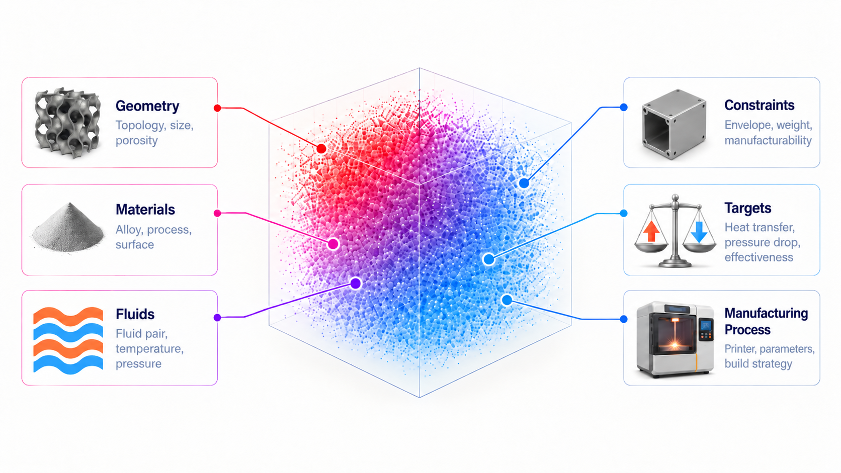 Infographic mapping geometry, materials, fluids, constraints, performance targets, and manufacturing process across a multidimensional TPMS lattice research space